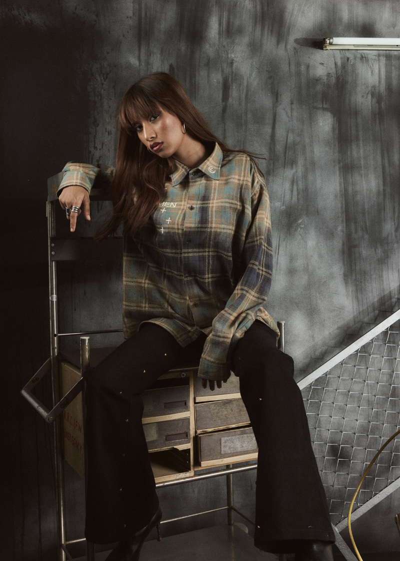 studded flannel shirt beige & blue lookbook image 1