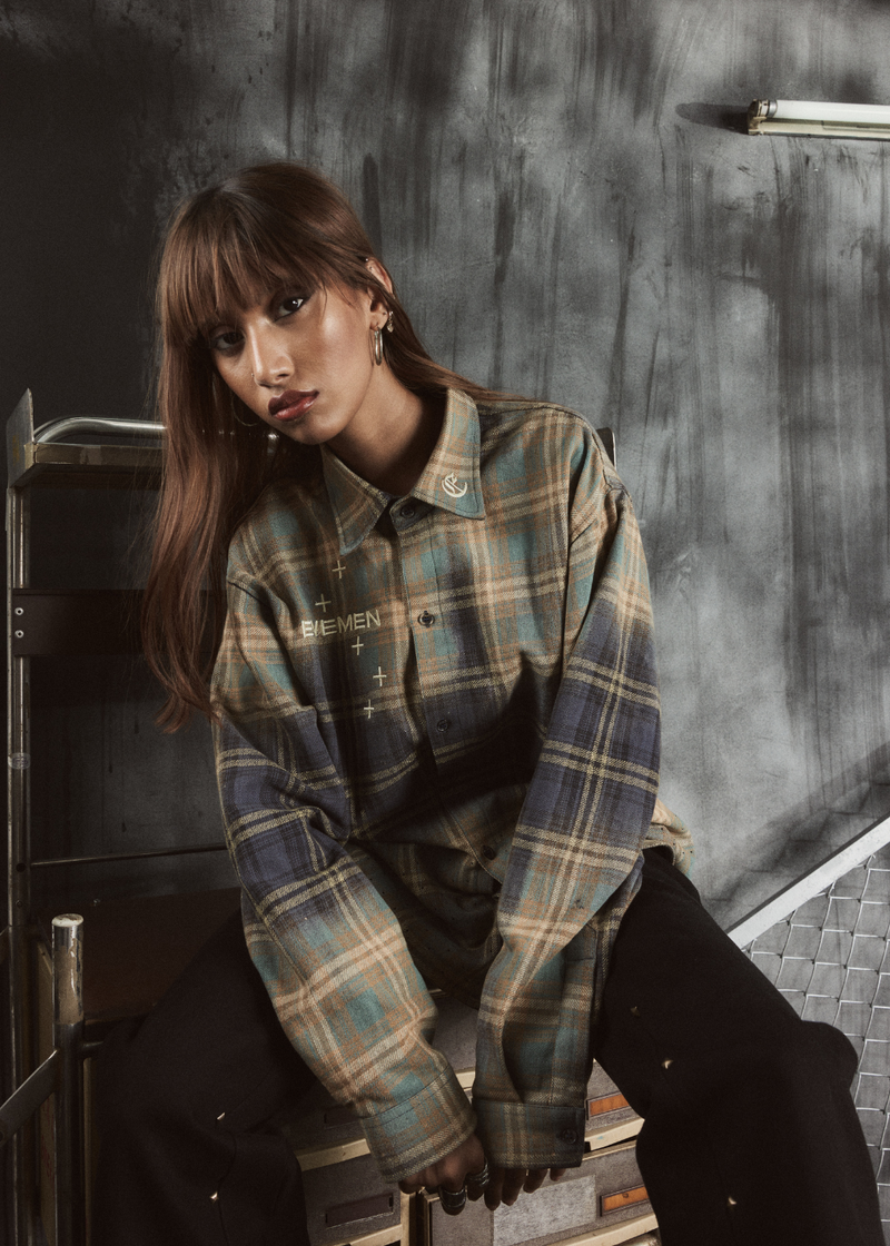 studded flannel shirt beige & blue lookbook image 2