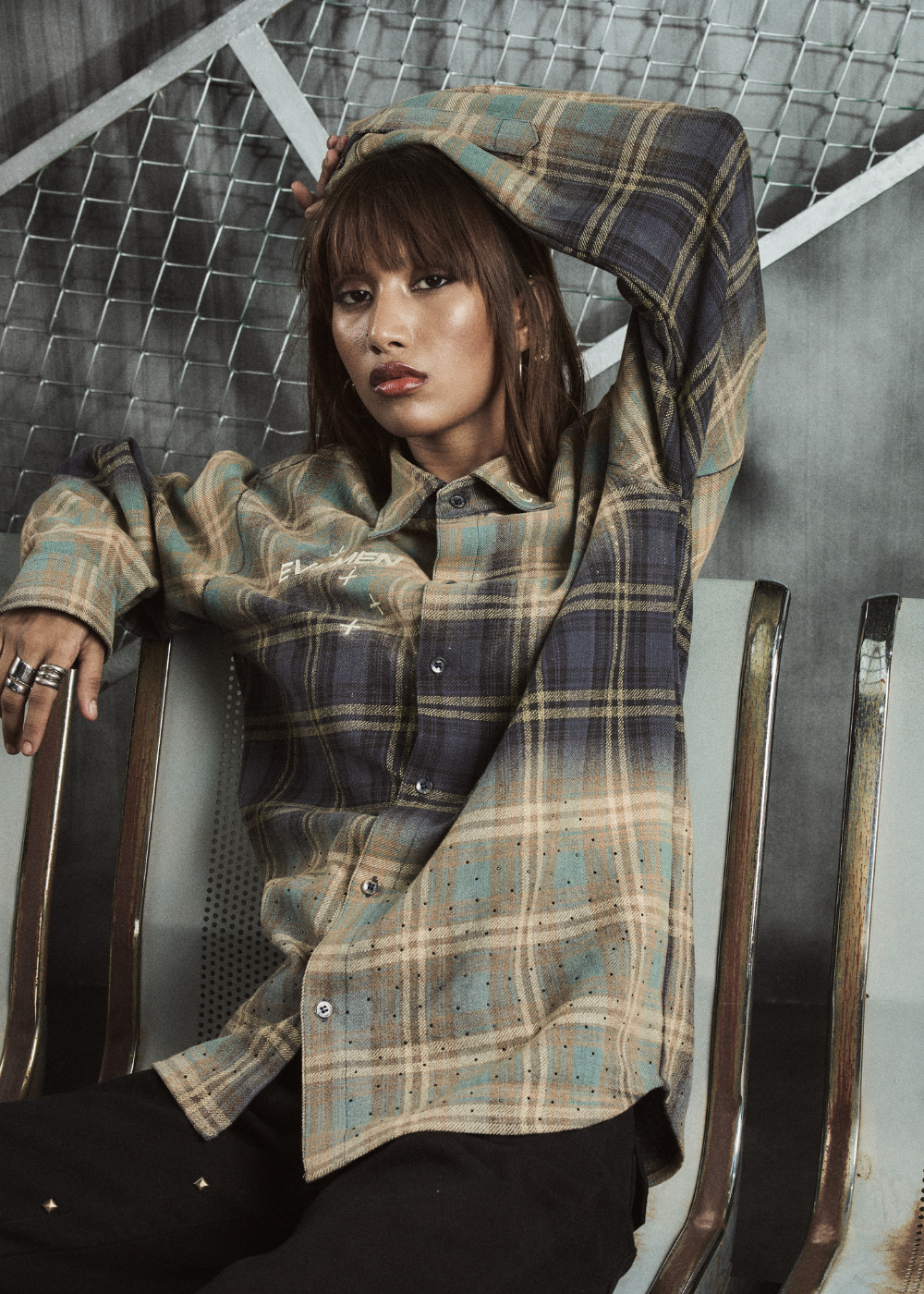 studded flannel shirt beige & blue