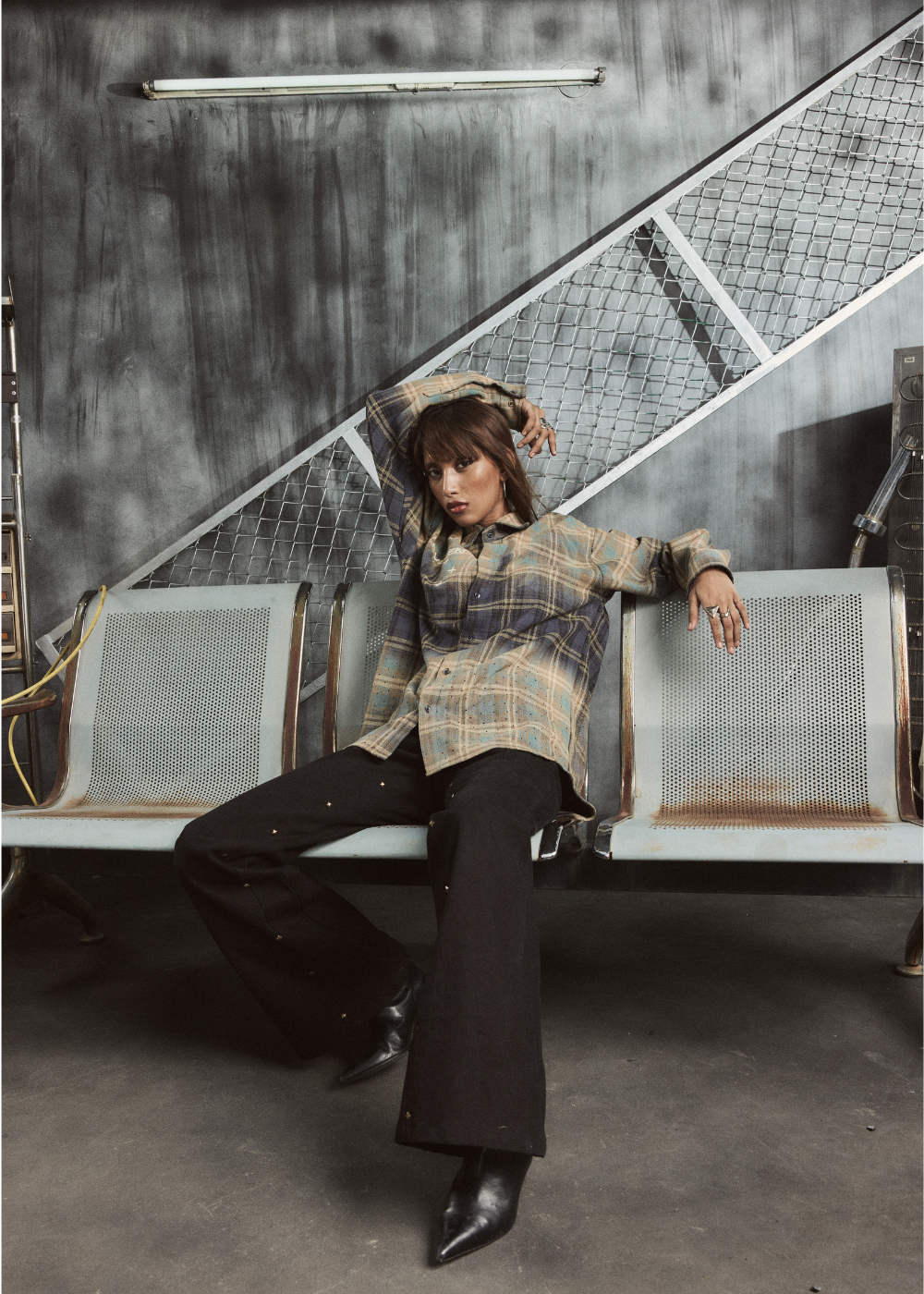 studded flannel shirt beige & blue