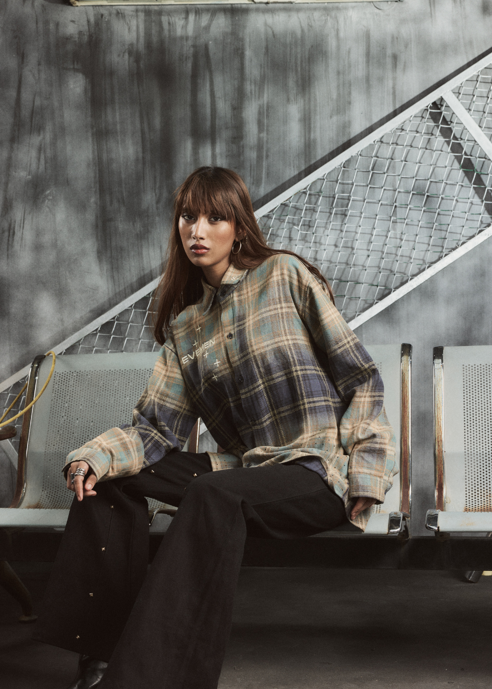 studded flannel shirt beige & blue