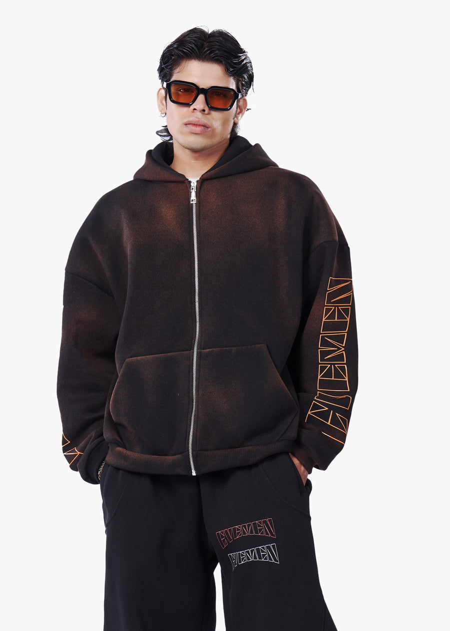 BLEACHED ZIP UP HOODIE - RED N BLACK