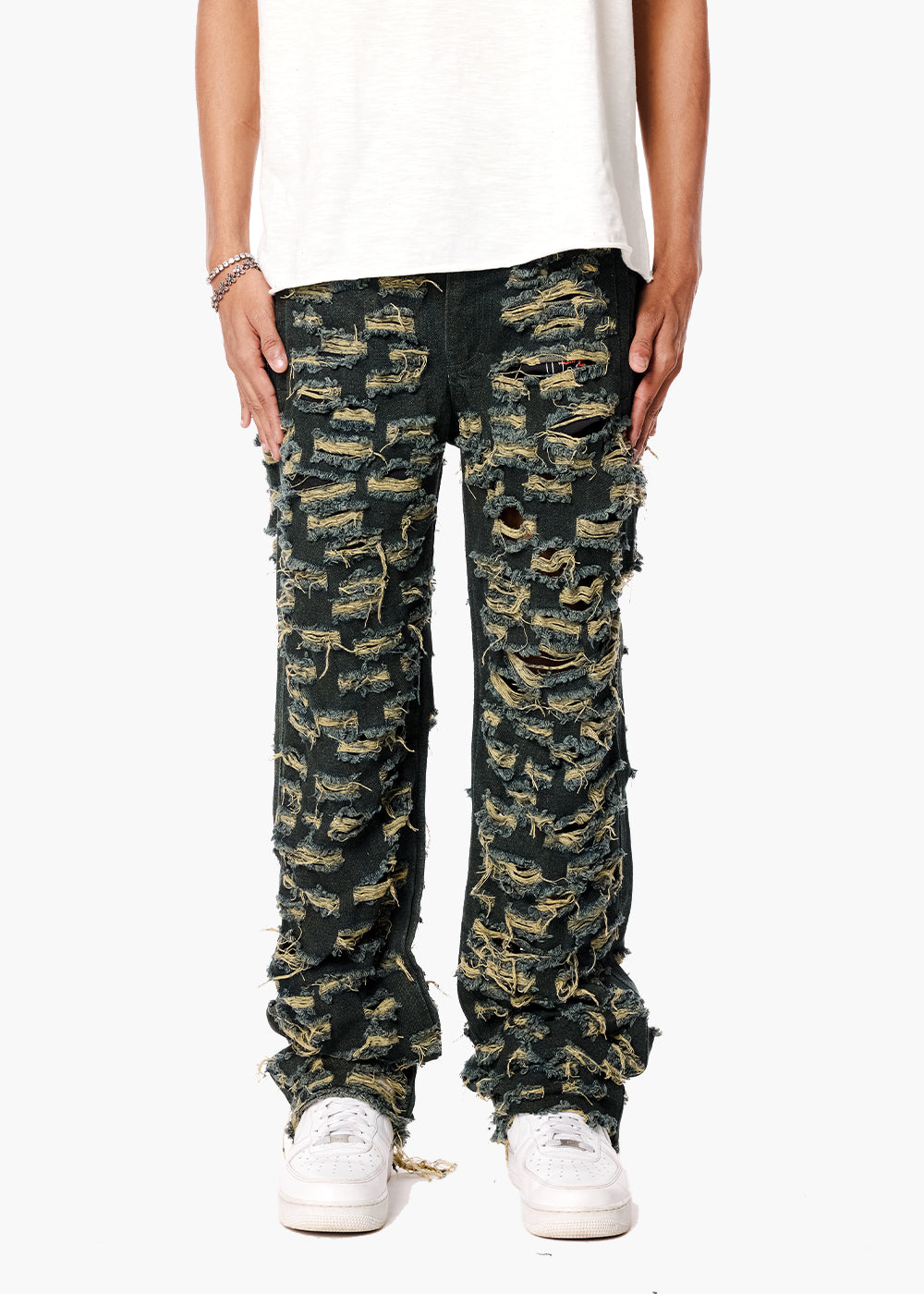 DISTRESSED SKINNY DENIM - OLIVE GREEN